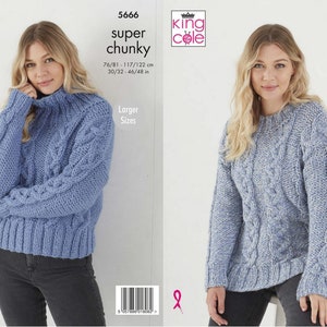 Ladies  Chunky Sweaters Knitting Pattern in King Cole Timeless Classic Super Chunky. King Cole  5666.