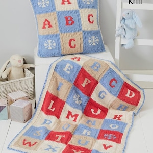 King Cole 5733 Knitting Pattern. Alphabet Blanket and Cushion Cover in King Cole Cottonsoft DK.