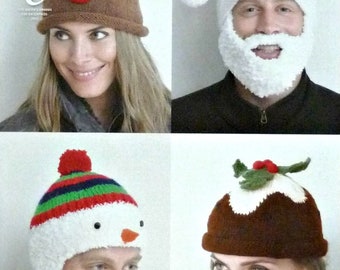 Adult Christmas Novelty Hats in DK & Chunky yarn Knitting Pattern , King Cole 4114, Christmas hats, santa hat, snowman, reindeer and pudding