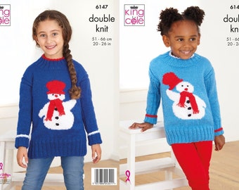 Children's Christmas Snowman Sweaters Knitting Pattern in King Cole DK  , King Cole 6147