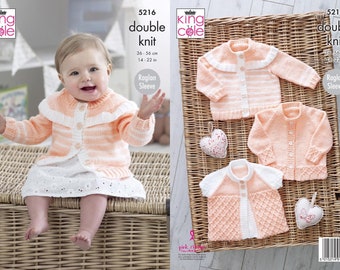 Baby Cardigans and Matinee Jacket Knitting Pattern, King Cole 5216,,DK pattern, to fit 14 -22 inches, girls knitting pattern