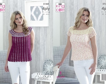 Patrón de ganchillo, blusas para mujer en King Cole Giza 4Ply y Giza Sorbet 4Ply, King Cole 5144