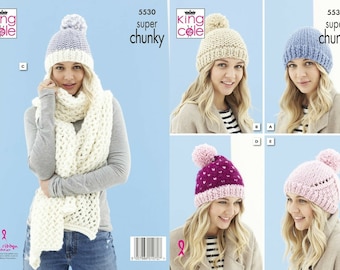 Ladies Hats and Scarf in Super Chunky yarn , King Cole knitting pattern, 5530, Fairisle hat, bobble hat, lacy hat