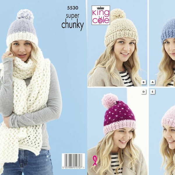 Ladies Hats and Scarf in Super Chunky yarn , King Cole knitting pattern, 5530, Fairisle hat, bobble hat, lacy hat