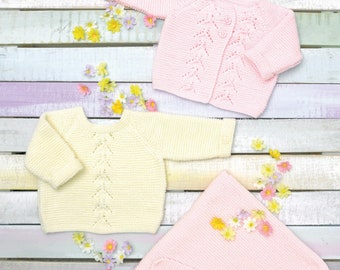 James C. Brett JB740 Knitting Pattern. Baby Cardigan, Blanket and Sweater in Happiness DK.