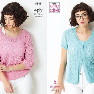 Womens  Lacy Sweater Top and Cardigan knitting Pattern in King Cole Giza 4  ply, King Cole 5848