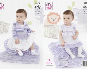 Baby Cardigan Pinafore and Blanket Knitting Pattern in King Cole Big Value Baby 4 Ply, King Cole 5390 Knitting Pattern