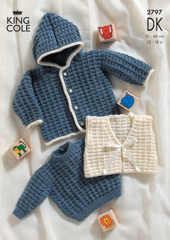 King Cole Baby Sweater, Jacket & Gilet Knitting Pattern 2797 - Double knit King Cole Baby Sweater, Jacket & Gilet Knitting Pattern 2797 - Double knit