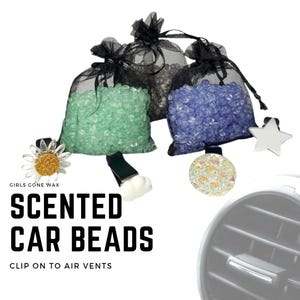 May include: Three small bags of scented car beads in green, blue, and clear colors. The bags are made of black mesh and have a drawstring closure. The beads are designed to be placed in a car's air vent to provide a pleasant scent. The image also shows a car air vent and a clip-on air freshener.