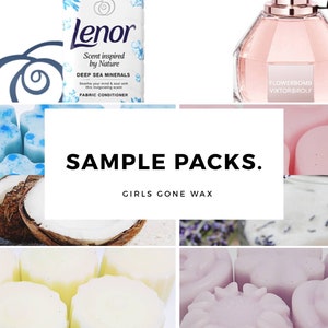 May include: A collage of images showing sample packs of wax melts in various scents. The scents include "Deep Sea Minerals", "Coconut", "Lavender", and "Flowerbomb". The text "SAMPLE PACKS. GIRLS GONE WAX" is displayed in the centre of the image.