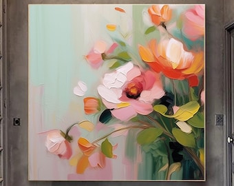 抽象的な花の咲く絵画、キャンバスに描かれた大きなオリジナルの花の