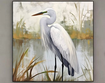 Heron painting, Great Blue Heron art Original great blue heron oil on canvas, Water bird artwork on canvas panel