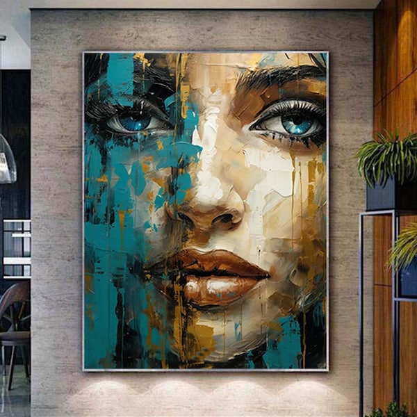 Peinture abstraite de dame encadrée femme bleu et beige, peinture visage de femme oeuvre d'art originale jeune fille visage toile Art grande peinture abstraite