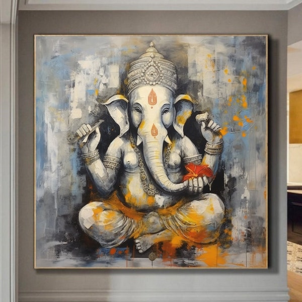 Statue of Hindu Ganesha Ganesha painting on canvas original acrylic painting, extra large abstract art, hand-painted Ganesh wall art,