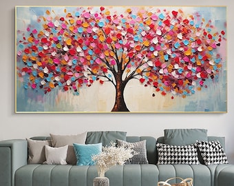 Peinture abstraite d'arbre de vie, peinture à l'huile d'arbre coloré en fleurs sur toile, art paysager original, art mural bohème, décoration murale de salon