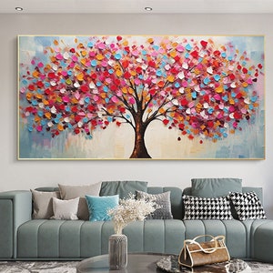 Peinture abstraite d'arbre de vie, peinture à l'huile d'arbre coloré en fleurs sur toile, art paysager original, art mural bohème, décoration murale de salon