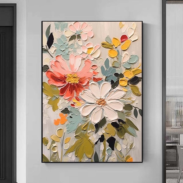 Abstract Flower oil Painting On Canvas,Boho Wall Decor,Original Floral Painting, Large Textured Wall Art, Custom Living room Home Decor