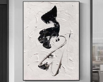 大きなベージュの壁画、白黒のテクスチャアート、オリジナルのミニマ