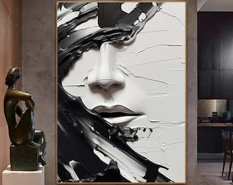 Abstract Black And White Face oil Painting,Black White Wall Art, Large Black And White Painting,Framed textured abstract painting,