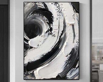 Black and white Minimalist Painting Textured art, Large White Textured Wall Art, Black And White Wall Art, Black And White 3D Abstract Art