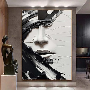 Abstract Black And White Face oil Painting,Black White Wall Art, Large Black And White Painting,Framed textured abstract painting,