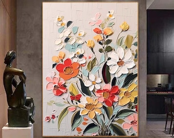 Original Floral Painting,Abstract Flower oil Painting On Canvas,Boho Wall Decor, Large Textured Wall Art, Custom Living room Home Decor