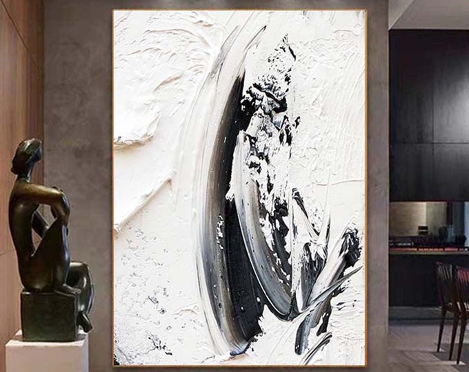 Large Black and White Abstract Painting White 3D Textured Abstract Art ...