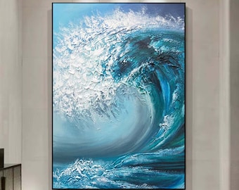 Original Ocean Wave Ölgemälde auf Leinwand, große Wandkunst, abstrakte benutzerdefinierte blaue Meer Malerei, minimalistische Kunst modernes Wohnzimmer Dekor Geschenk