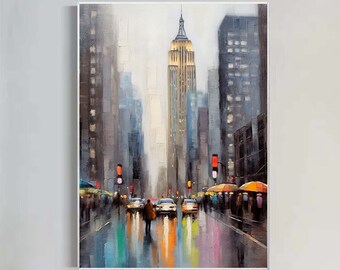 Abstract Cityscape Oil Painting, Large Original Colorful Urban City Landscape Oil Painting on Canvas, Modern Blue Living Room Wall Art Decor