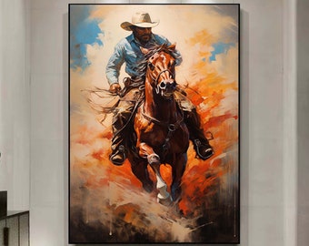 Cowboy Riding Horse Painting,Western Wall Art,Mid-Century Wall Decor,Western Cowboy Painting,Vintage Oil Painting,Rustic Wall Art,Cowboy Art