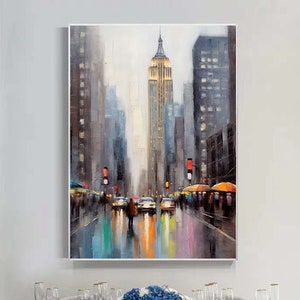 Abstract Cityscape Oil Painting, Large Original Colorful Urban City Landscape Oil Painting on Canvas, Modern Blue Living Room Wall Art Decor