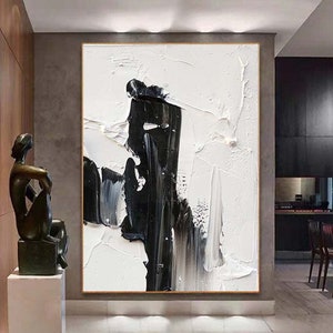 Pintura al óleo en blanco y negro, lienzo de arte de pared abstracto grande, pintura al óleo a mano moderna, arte de pasillo de arte de pared en blanco y negro grande