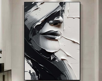 抽象的な白黒の顔の油絵、白黒の壁アート、大きな白黒の絵画、額入りの