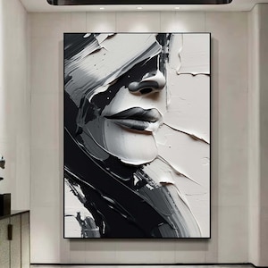 Abstract Black And White Face oil Painting, Black White Wall Art, Large Black And White Painting,Framed textured abstract painting,