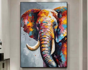Boho Decoración de la pared Elefante colorido Pintura al óleo sobre lienzo, pintura animal arte grande arte de la pared 3d pintura original Textura Acrílico óleo personalizado