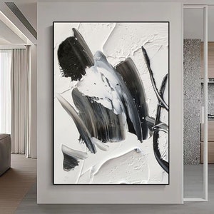 Large Abstract Wall Art Canvas Black And White Oil Painting, Modern Hand Oil Painting,Large Black And White Wall Art Corridor Art