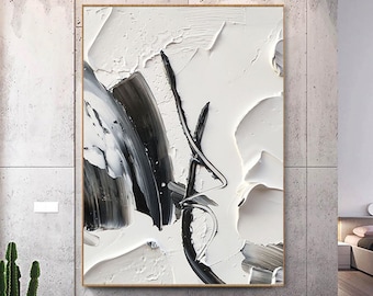 Groot abstract zwart-wit schilderij, zwart-wit textuur kunst origineel olieverfschilderij op canvas grote zwart-witte muurkunst