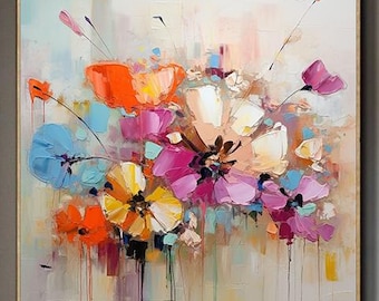 Abstract Floral Impasto Painting: Colorful Blossom Textured Canvas Art Abstract Modern Colorful Flower Painting,Boho Wall Décor,