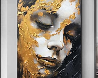 抽象的な金色の質感のある肖像画、金と黒の色の油絵、質感のある絵画