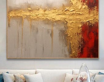 Pintura al óleo abstracta original de gran tamaño en oro sobre lienzo, pintura al óleo con textura, decoración de pared, obra de arte al óleo original pintada a mano para el hogar moderno.
