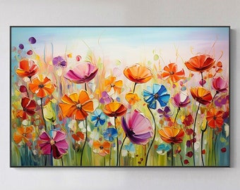 Pintura a óleo de flores em tela, pintura abstrata colorida de flores, pintura de paisagem floral, arte de parede, tela grande, arte de parede, decoração de casa