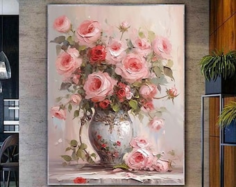 Abstract Pink Rose Oil Painting on Canvas, Original Blooming Flower Painting, Living Room Wall Decor, Custom Floral Painting, Textured Art