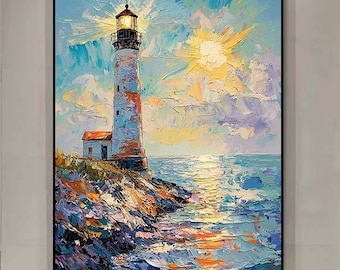 オリジナルの灯台の油絵テクスチャ沿岸海景壁アート厚い油絵海の風景と