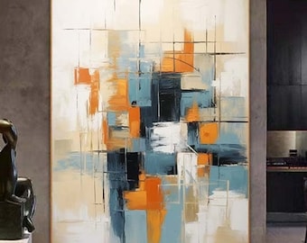 Large Abstract Painting Original Yellow Textured Art Blue Abstract Painting Minimalist Abstract Painting Yellow Oil Painting on Canvas