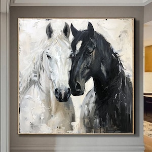 エルメスのオレンジ色の馬場馬術の油絵、黒い種馬のキャンバスアート