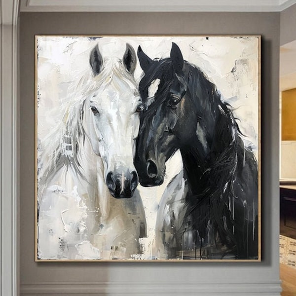 White & Black Horse Oil Painting,Horse Painting Original,Animal oil art,Acrylic Abstract Oil Painting,Wall Decor Living Room,Office Wall Art