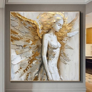 Gold Wings,White Angel,Gold Leaf,Original large oil painting Angel oil painting Textured Painting,Acrylic Abstract Oil Painting,home decor
