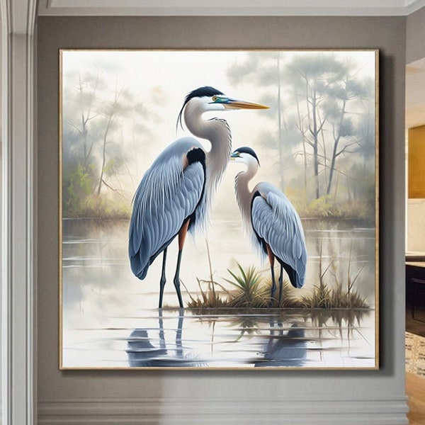 Art du grand héron Huile sur toile originale de grand héron, peinture de héron, oeuvre d'art d'oiseau d'eau sur la décoration intérieure de panneau de toile