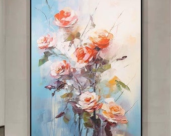 Abstract Colorful Rose Oil Painting on Canvas,Original Art Flower Wall Art Blossom Art,Textured Wall Art,Bedroom Wall Deco Custom Floral art