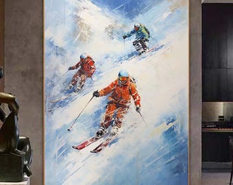 Original Framed Skiing Art Skiing On Snow Modern Ski Canvas Oil Painting Abstract Sports Scene  Decorative Home Custom Artwork Ski Lover